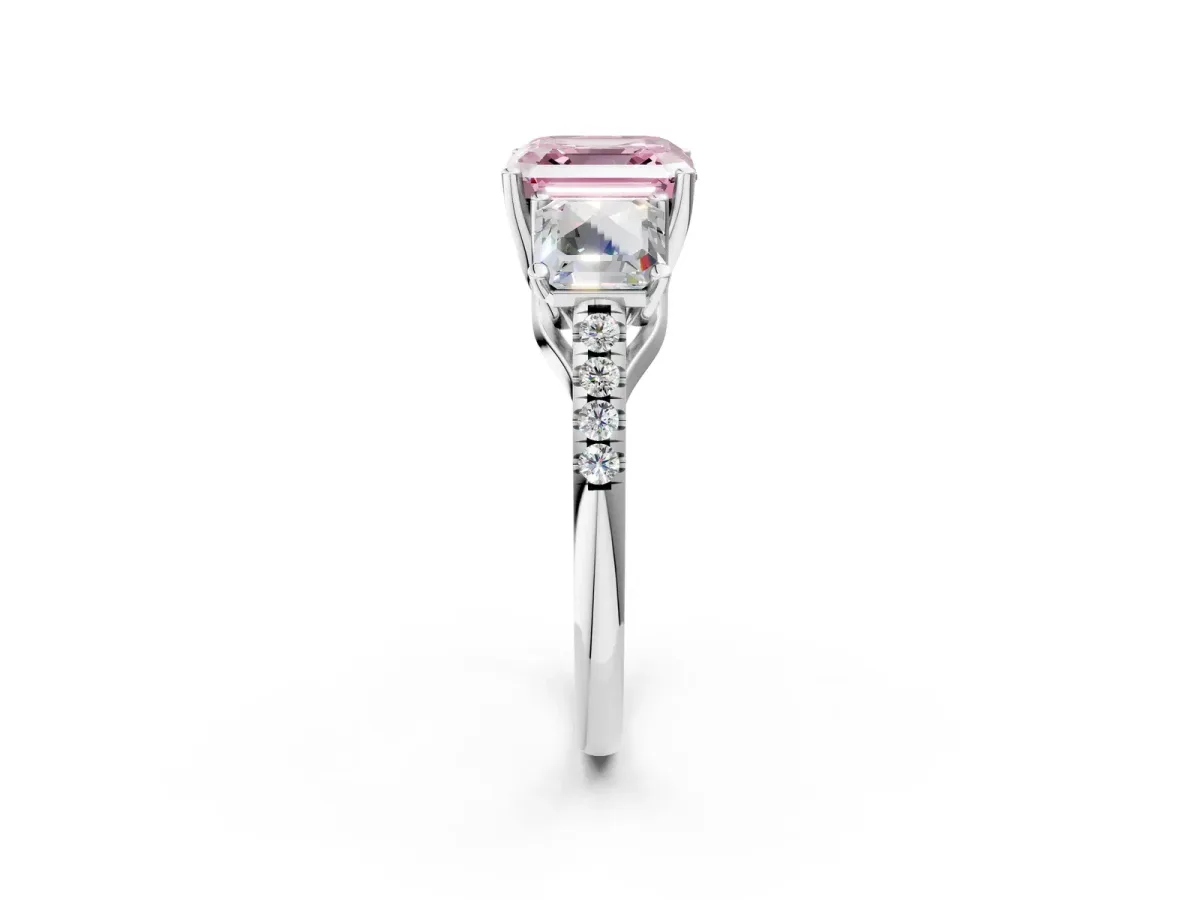 Fancy Pink Three-Stone Asscher Cut Diamond Ring with Round Pavé Band and Prong Setting Silver