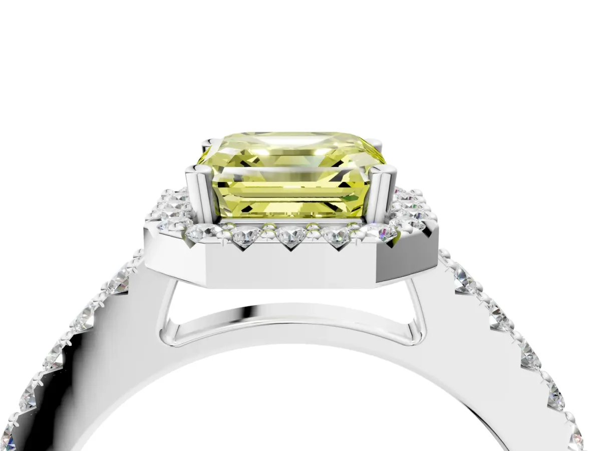 Fancy Yellow Asscher Cut Halo Diamond Pavé Solitaire Ring Platinum