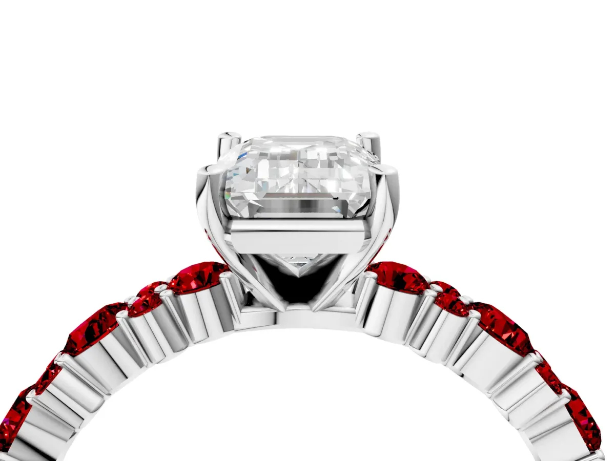 Emerald Cut Diamond Side Stone Solitaire Ring with Round Ruby and Four-Prong Setting White gold