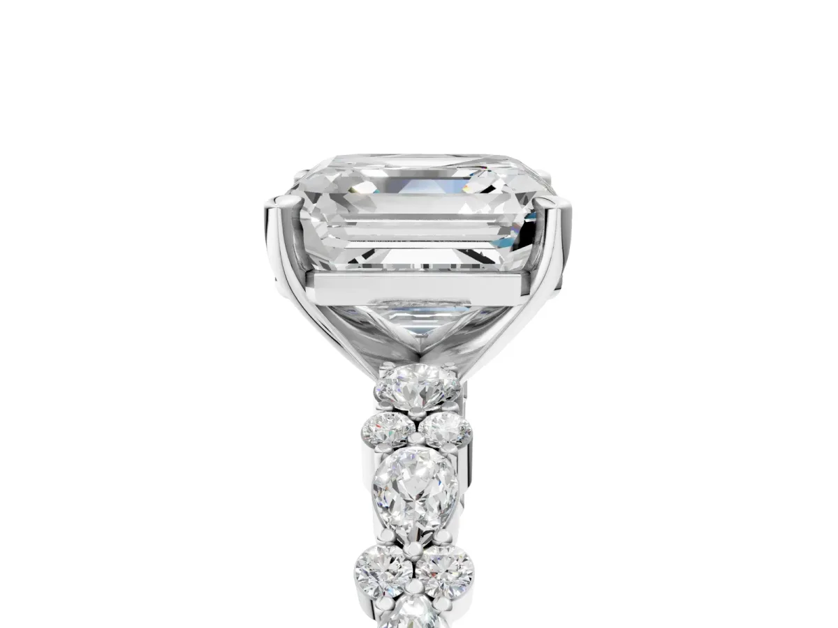 Asscher Cut Diamond Side Stone Solitaire Ring with Round Moissanite and Four-Prong Setting Platinum
