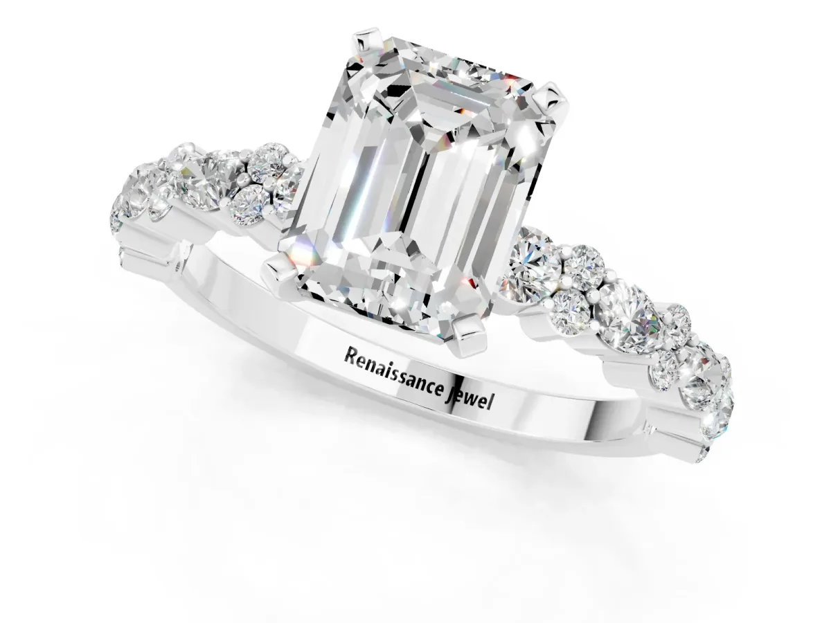 Emerald Cut Moissanite Side Stone Solitaire Ring with Round and Four-Prong Setting White gold