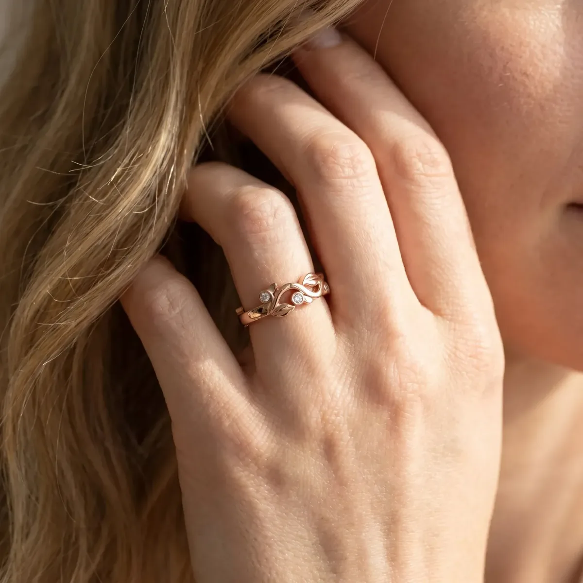 Round Diamond Leaf Eternity Band with Bezel Setting Rose gold