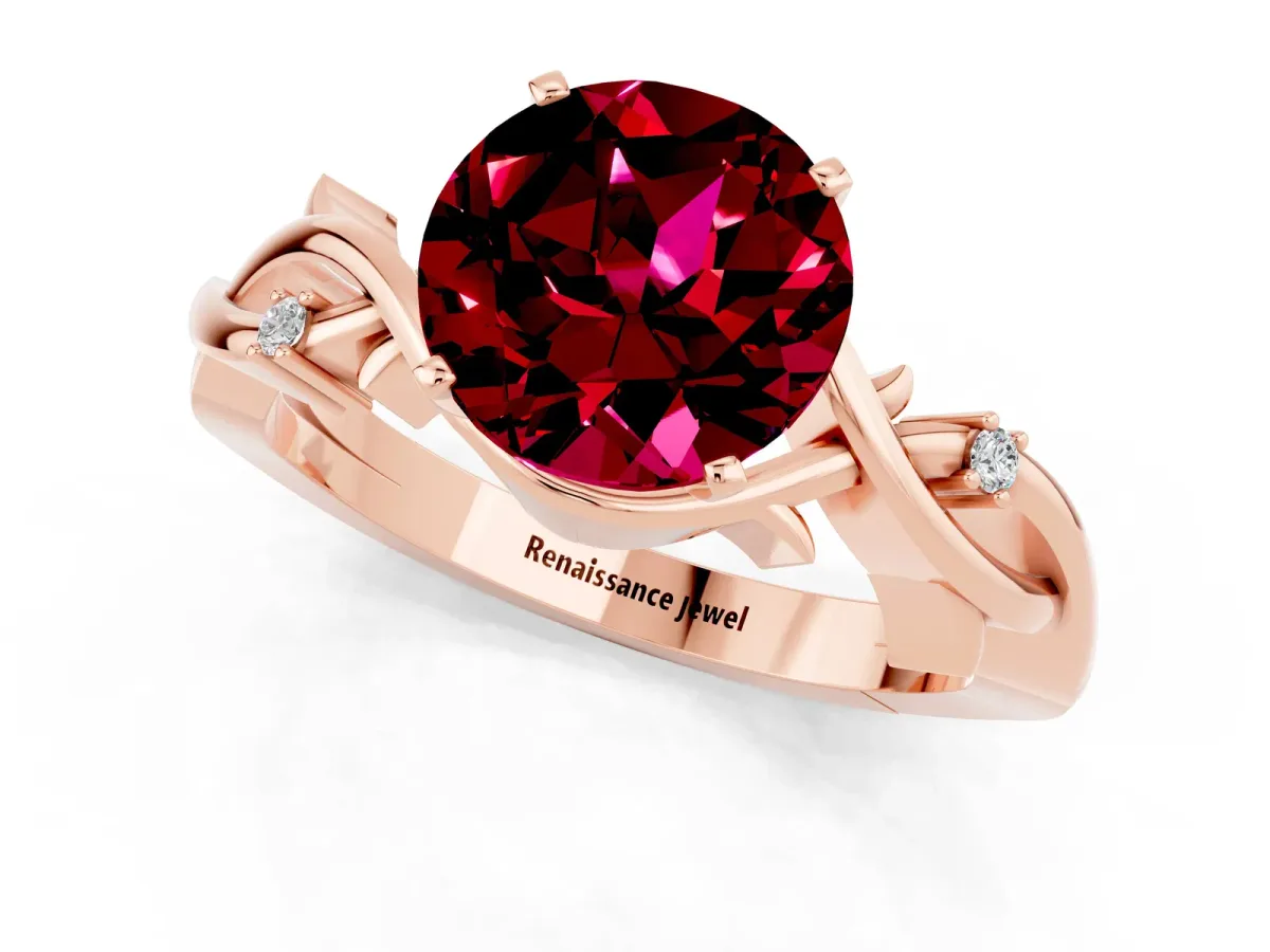 Round Cut Garnet Solitaire Ring with Twisted Band and Prong Setting Rose gold