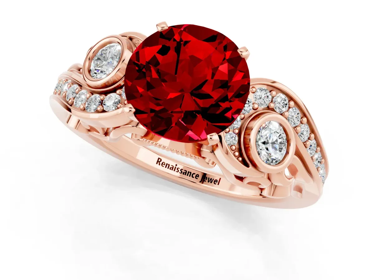 Round Cut Ruby Solitaire Ring with Milgrain Pavé Band and Four-Prong Setting Rose gold