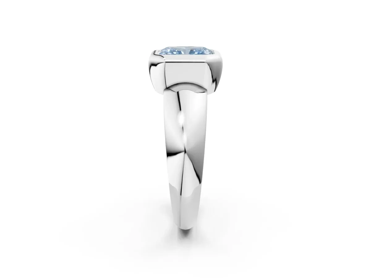 Fancy Blue Bezel Set Radiant Cut Solitaire Ring with Wide Band Platinum