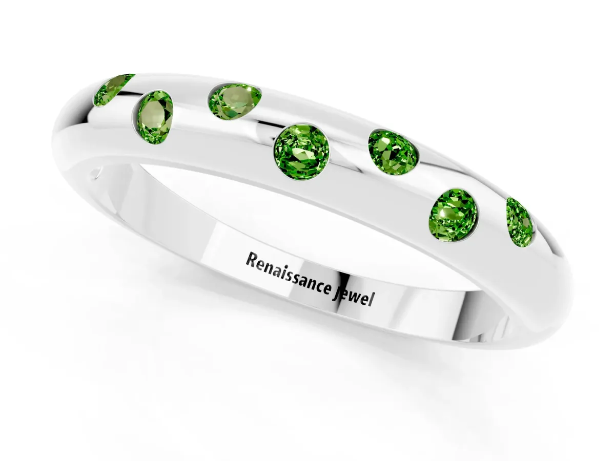 Round Peridot Flush-Set Comfort Fit Band White gold