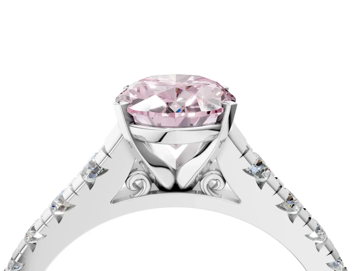 Fancy Pink Oval Cut Diamond Cathedral Solitaire Ring with Round Pavé Band Silver