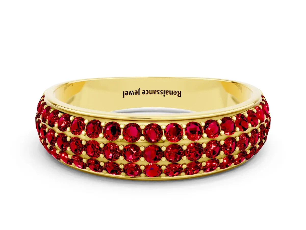 Three-Row Round Ruby Eternity Band with Shared Prong Setting Yellow gold