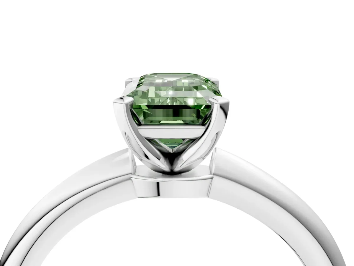 Fancy Green Emerald Cut Diamond Solitaire Ring with Six-Prong Setting and Classic Band Silver