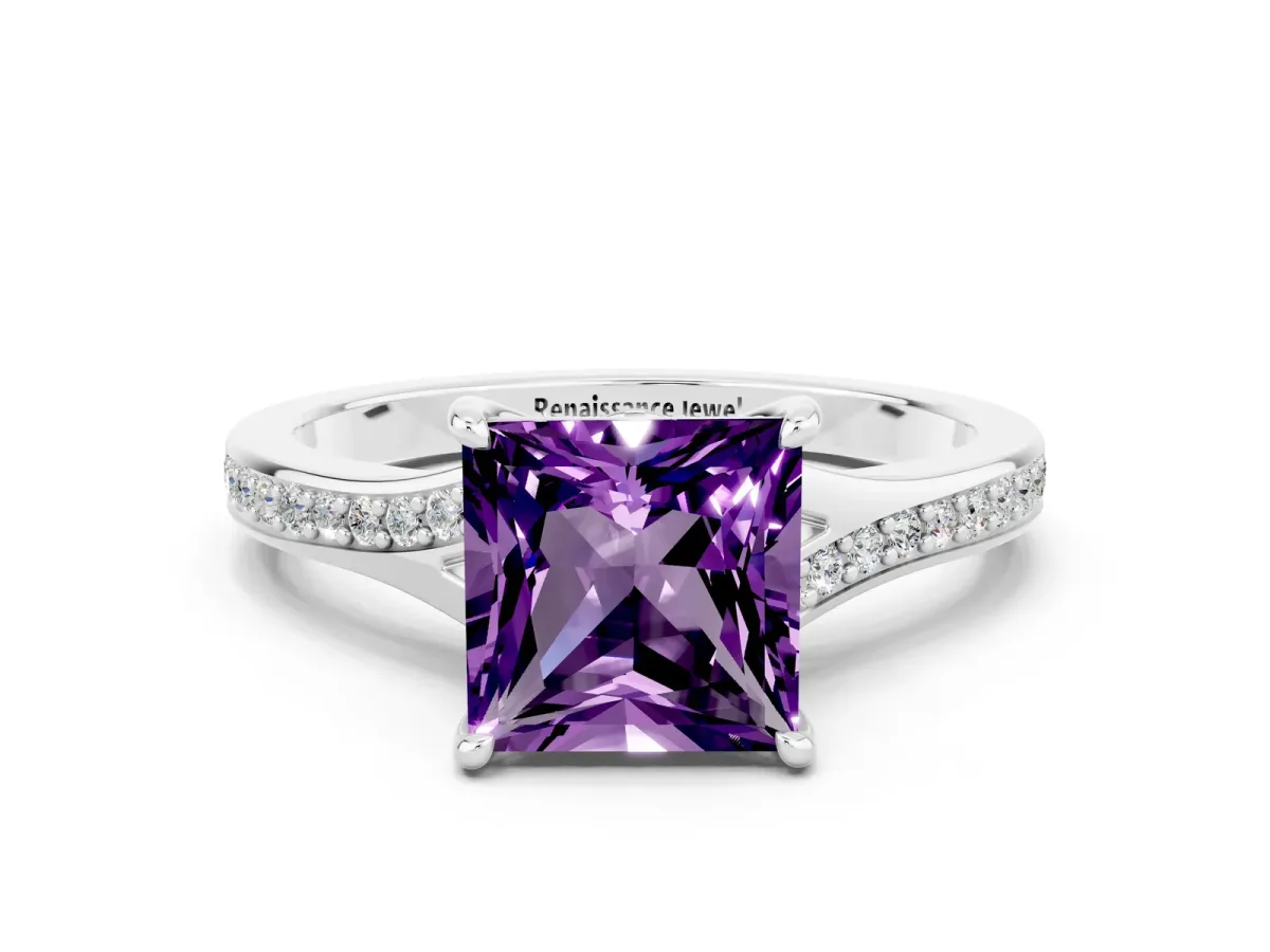 Princess Cut Amethyst Solitaire Ring with Pavé Band and Prong Setting Silver