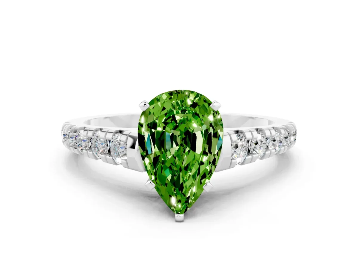 Pear Cut Peridot Cathedral Solitaire Ring with Round Pavé Band Silver