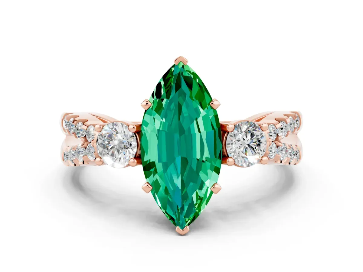 Marquise Cut Emerald Three-Stone Ring with Pavé Split Shank and Four-Prong Setting Rose gold