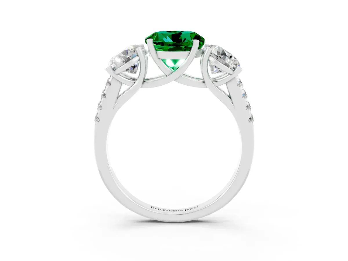 Three-Stone Round Cut Emerald Ring with Round Pavé Band and Prong Setting Silver