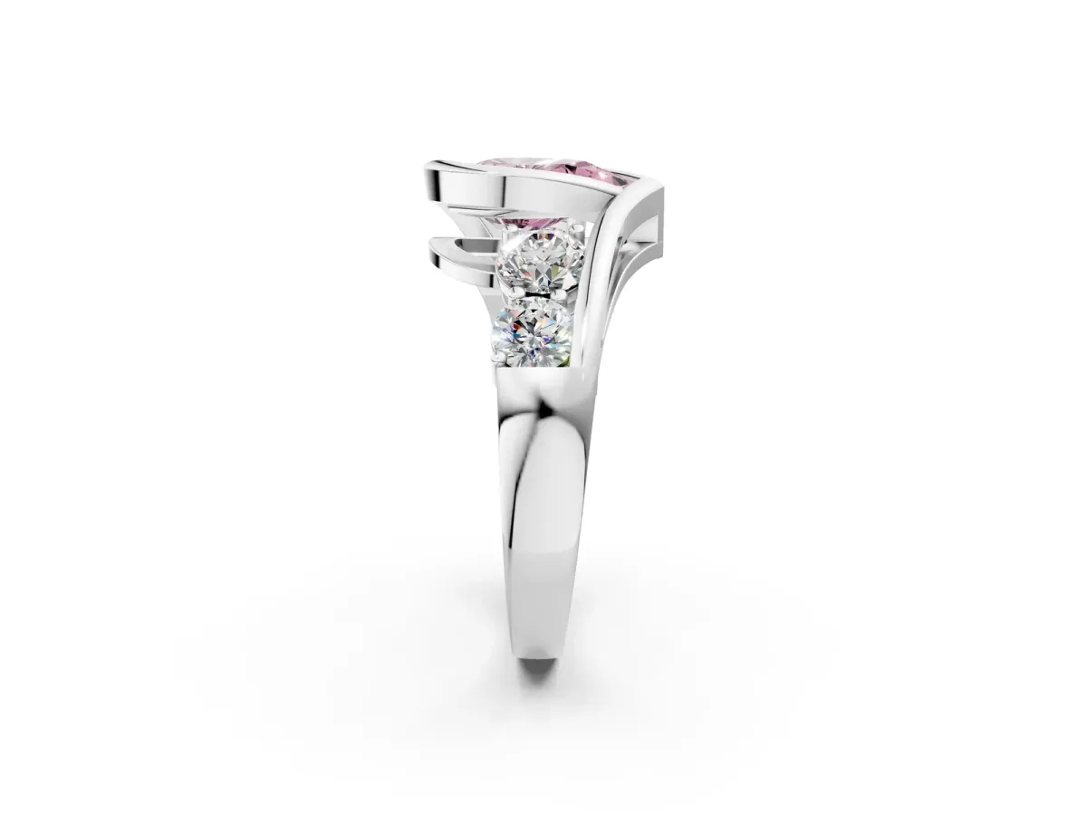 Fancy Pink Bezel Set Pear Cut Diamond Bypass Ring with Round Accents Platinum