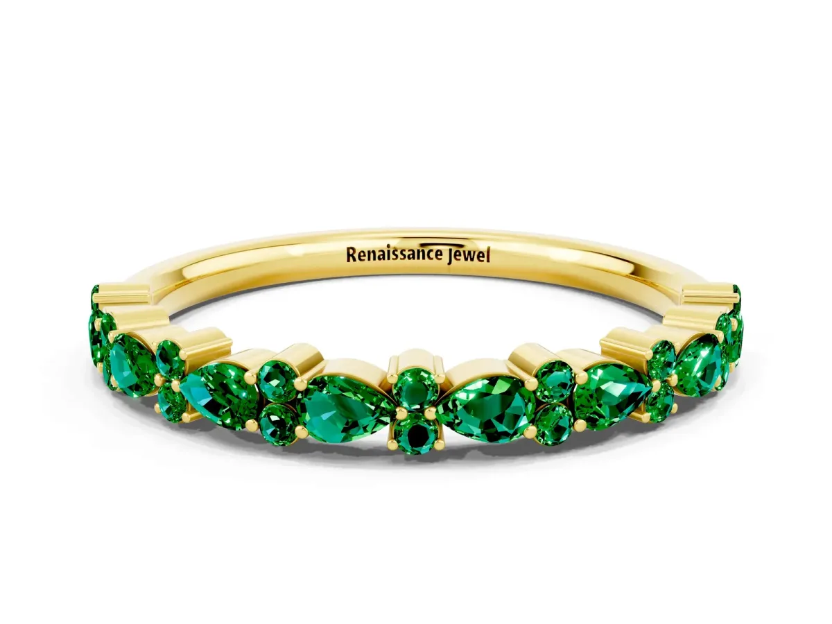 Pear and Round Emerald Wedding Band Yellow gold