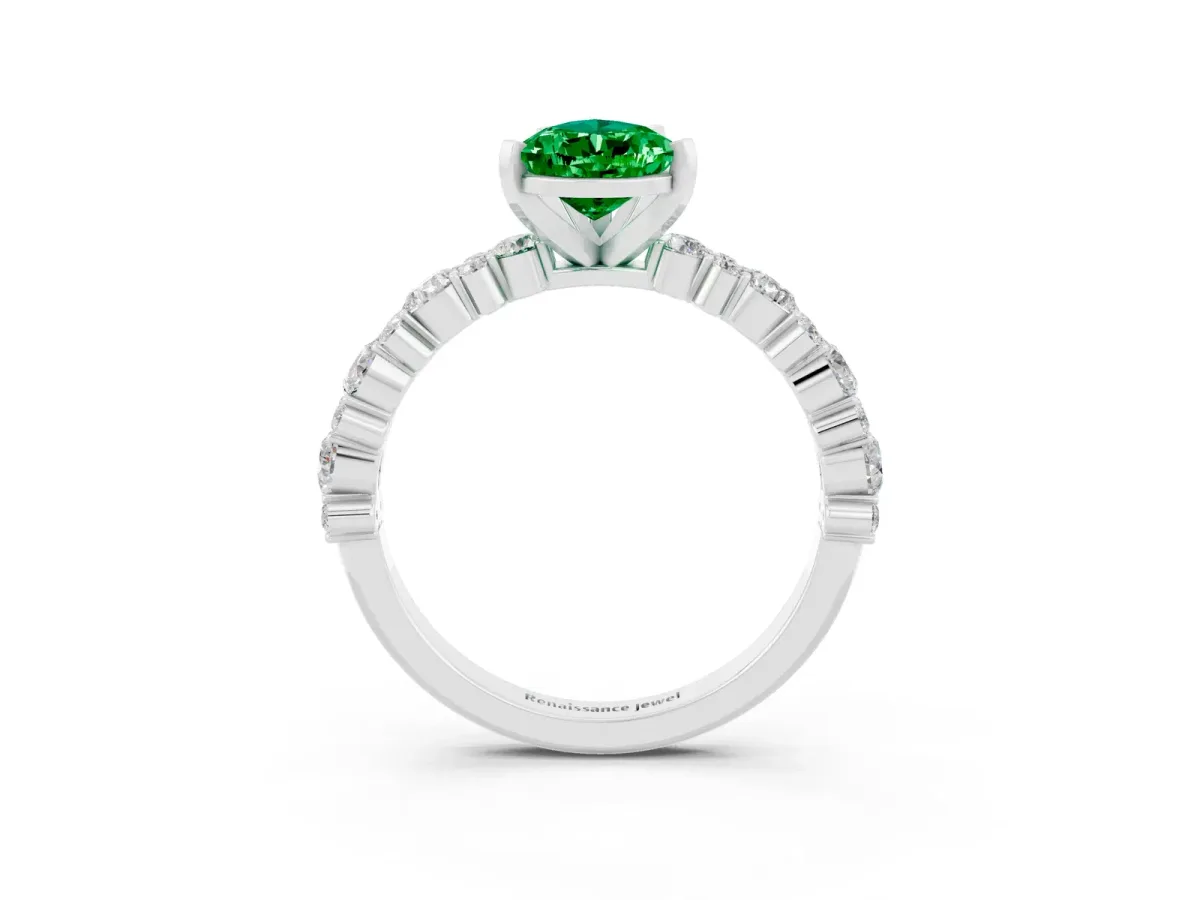 Pear Cut Emerald Side Stone Solitaire Ring with Round and Four-Prong Setting White gold