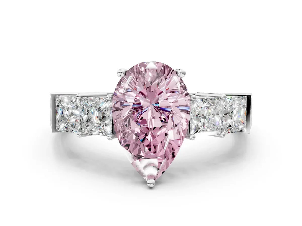 Fancy Pink Pear Cut Solitaire Princess Side Stone Engraved Band Prong Setting Ring White gold