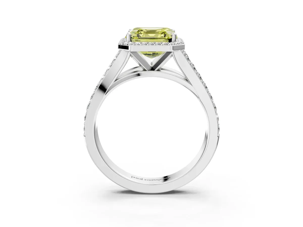 Fancy Yellow Asscher Cut Diamond Split Shank Halo Ring with Four-Prong Setting Platinum