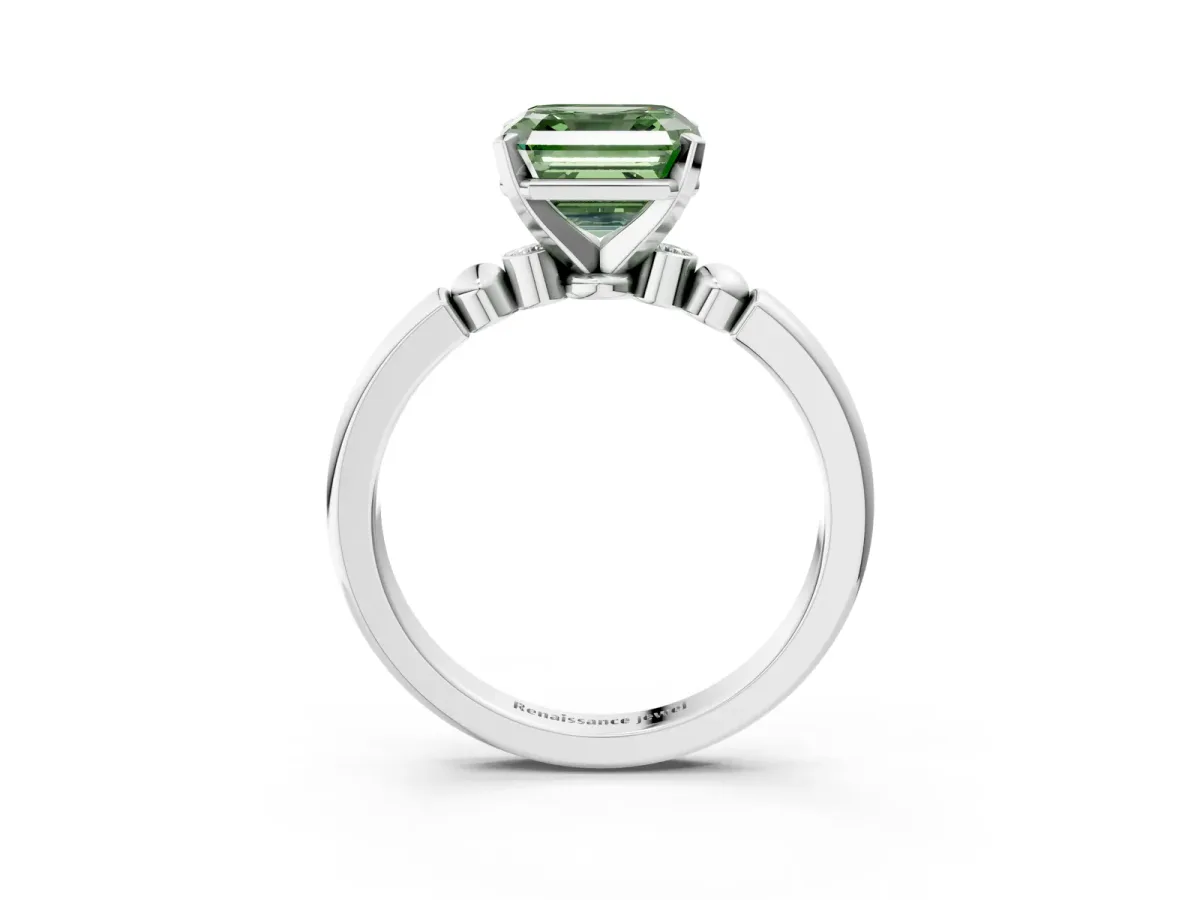 Fancy Green Asscher Cut Solitaire Beaded Band with Four-Prong Setting Platinum