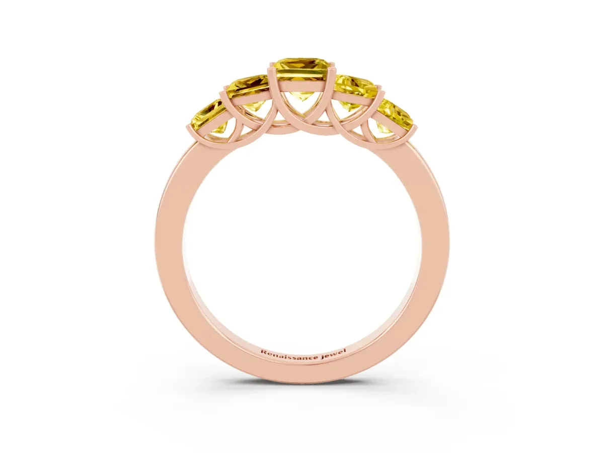 Princess Cut Five-Stone Yellow Sapphire Ring with Classic Prong Setting Rose gold