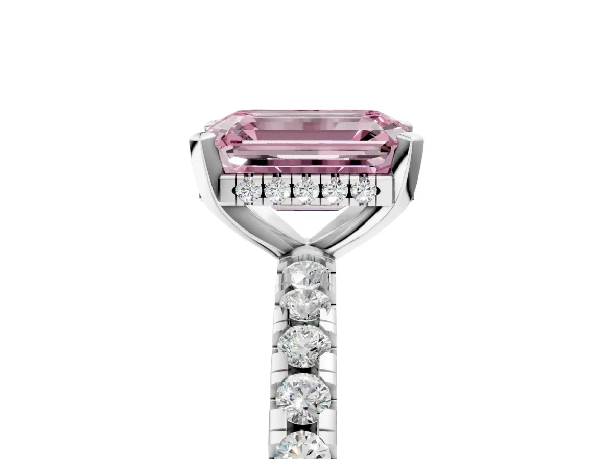 Fancy Pink Emerald Cut Diamond Solitaire Ring with Round Pavé Band and Four-Prong Setting Silver