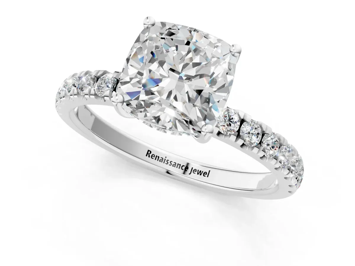 Cushion Cut Diamond Pave Band Solitaire Ring with Round and Prong Setting Platinum