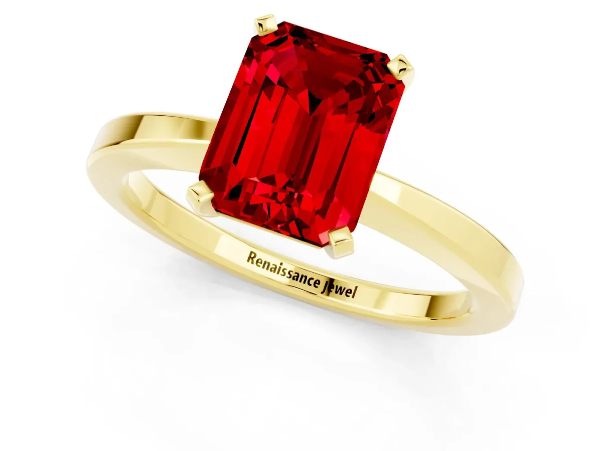 Emerald Cut Ruby Solitaire Engagement Ring with Classic Band and Four-Prong Setting Yellow gold
