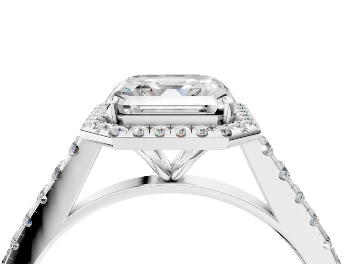 Asscher Cut Halo Pave Diamond Engagement Ring with Four-Prong Setting Platinum