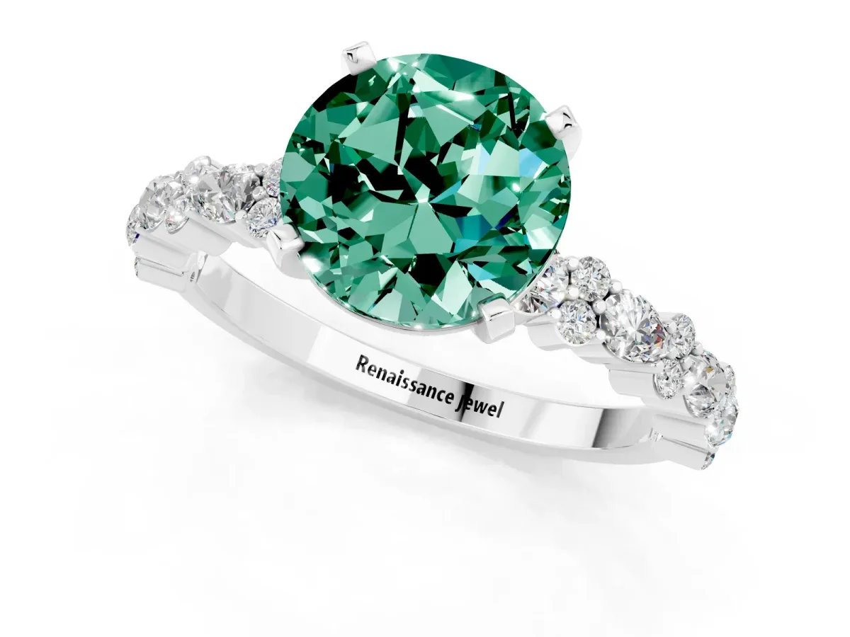 Round Cut Green Sapphire Side Stone Solitaire Ring with Round and Four-Prong Setting Silver