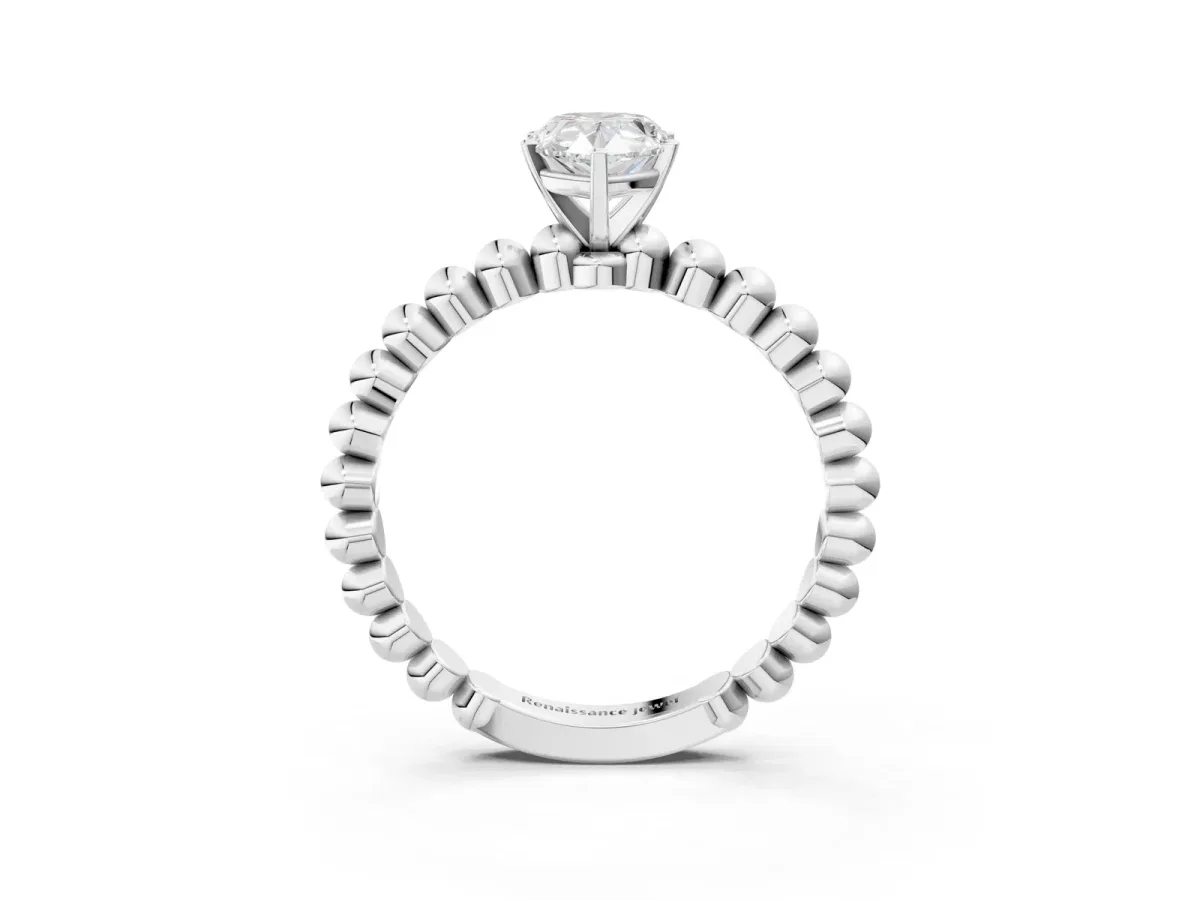 Pear Cut Diamond Solitaire Ring with Beaded Band and Prong Setting White gold