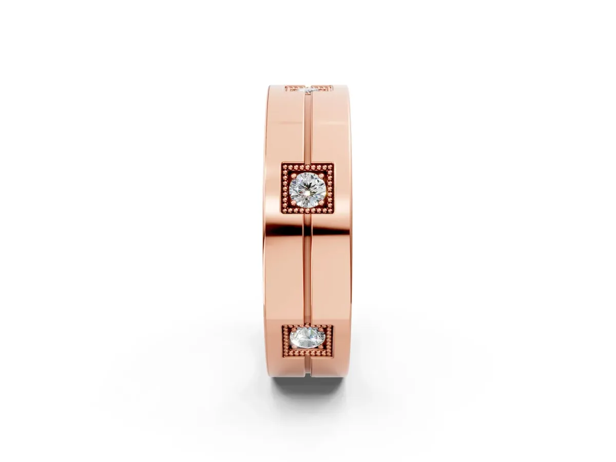Round Diamond Square Station Mens Band Rose gold