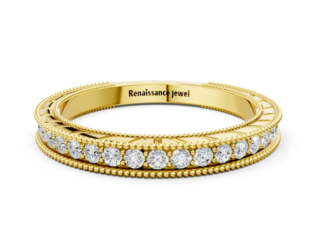 Round Cut Diamond Milgrain Eternity Band with Channel Setting Yellow gold