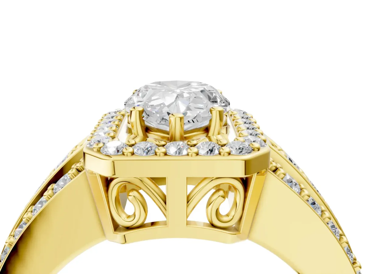 Pear Cut Halo Diamond Ring with Round Split Shank and Prong Setting Yellow gold