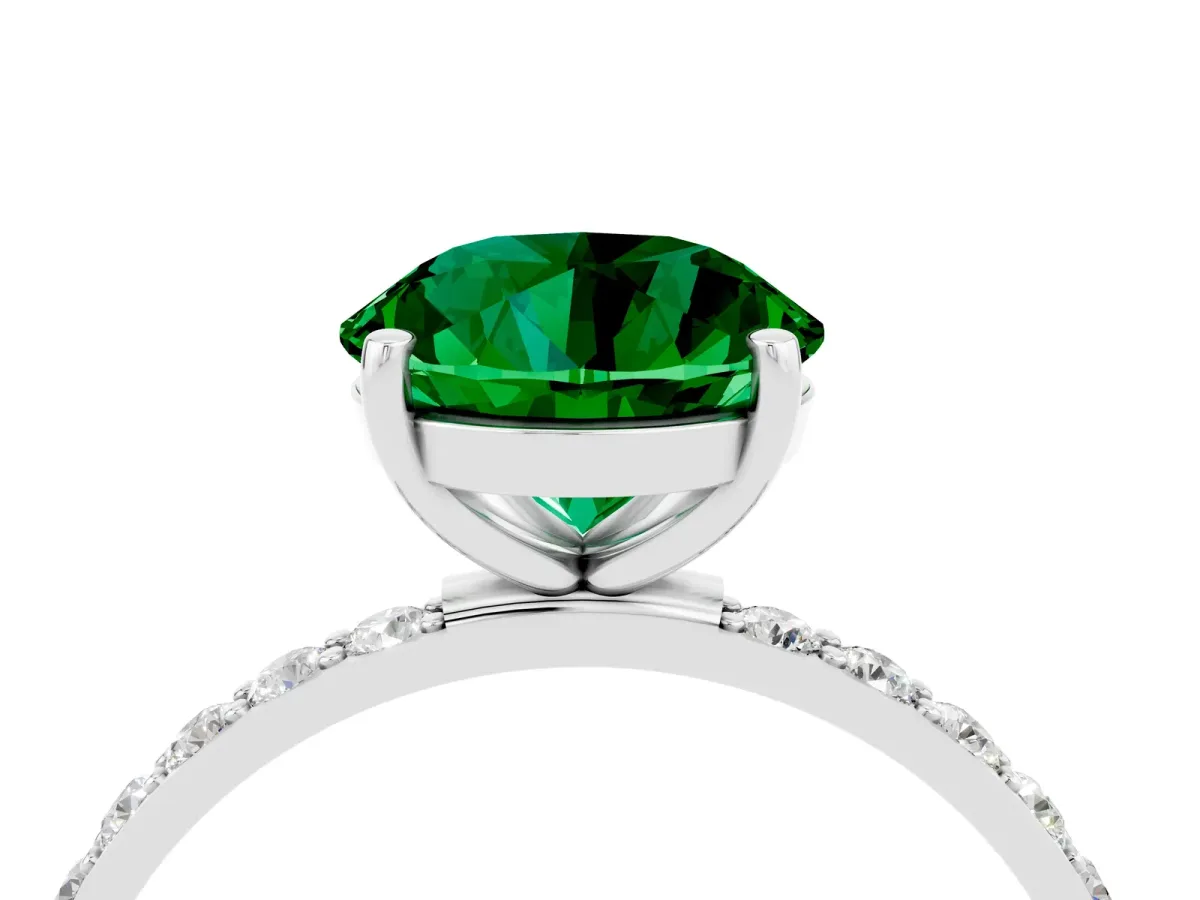 Round Cut Emerald Solitaire Ring with Round Pavé Band and Prong Setting Platinum