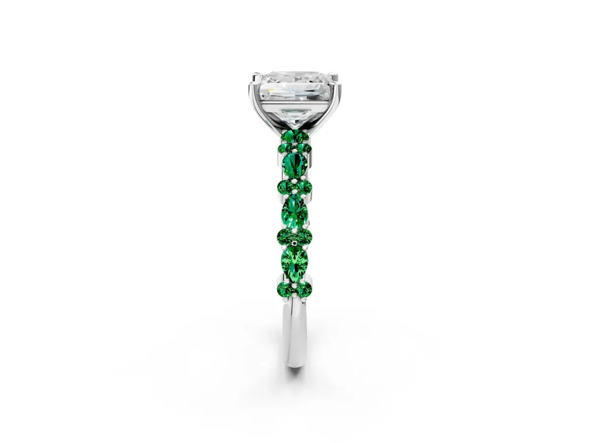 Princess Cut Diamond Side Stone Solitaire Ring with Round Emerald and Four-Prong Setting Platinum