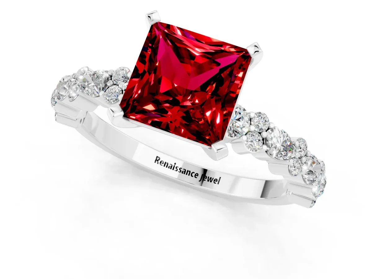 Princess Cut Ruby Side Stone Solitaire Ring with Round and Four-Prong Setting Silver
