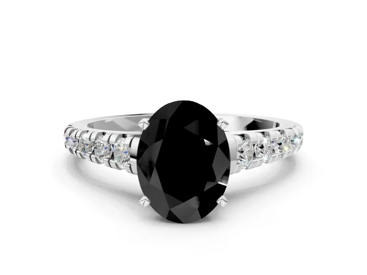 Fancy Black Oval Cut Diamond Cathedral Solitaire Ring with Round Pavé Band Silver