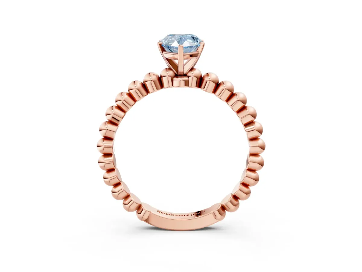 Fancy Blue Pear Cut Diamond Solitaire Ring with Beaded Band and Prong Setting Rose gold
