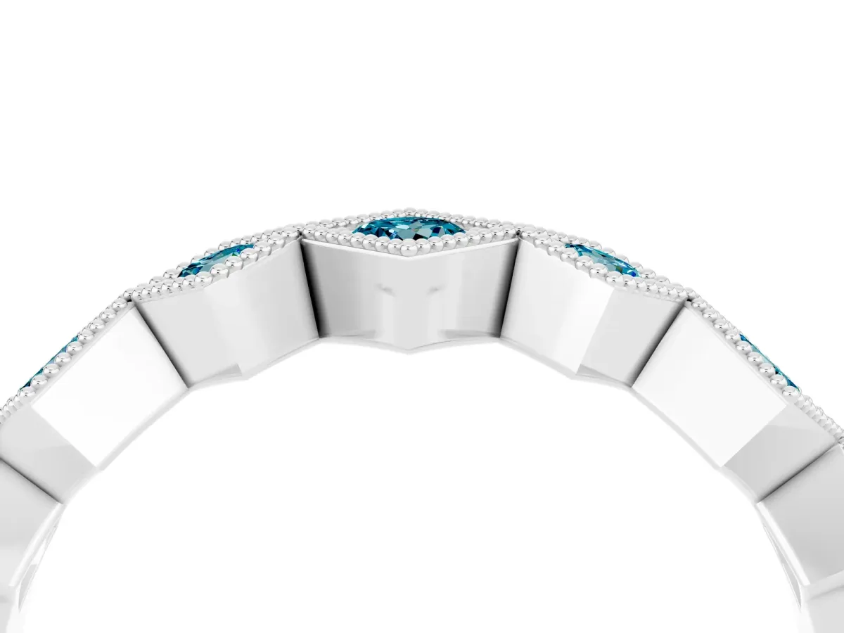 Milgrain Square Bezel Round Blue Topaz Chevron Band White gold