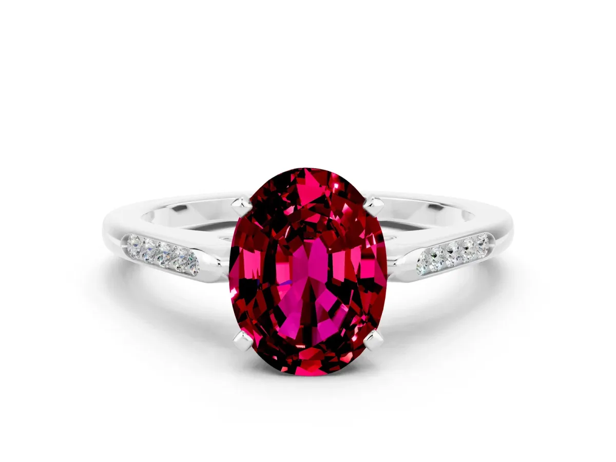 Oval Cut Garnet Solitaire Ring with Channel Set Round Band and Prong Setting Silver