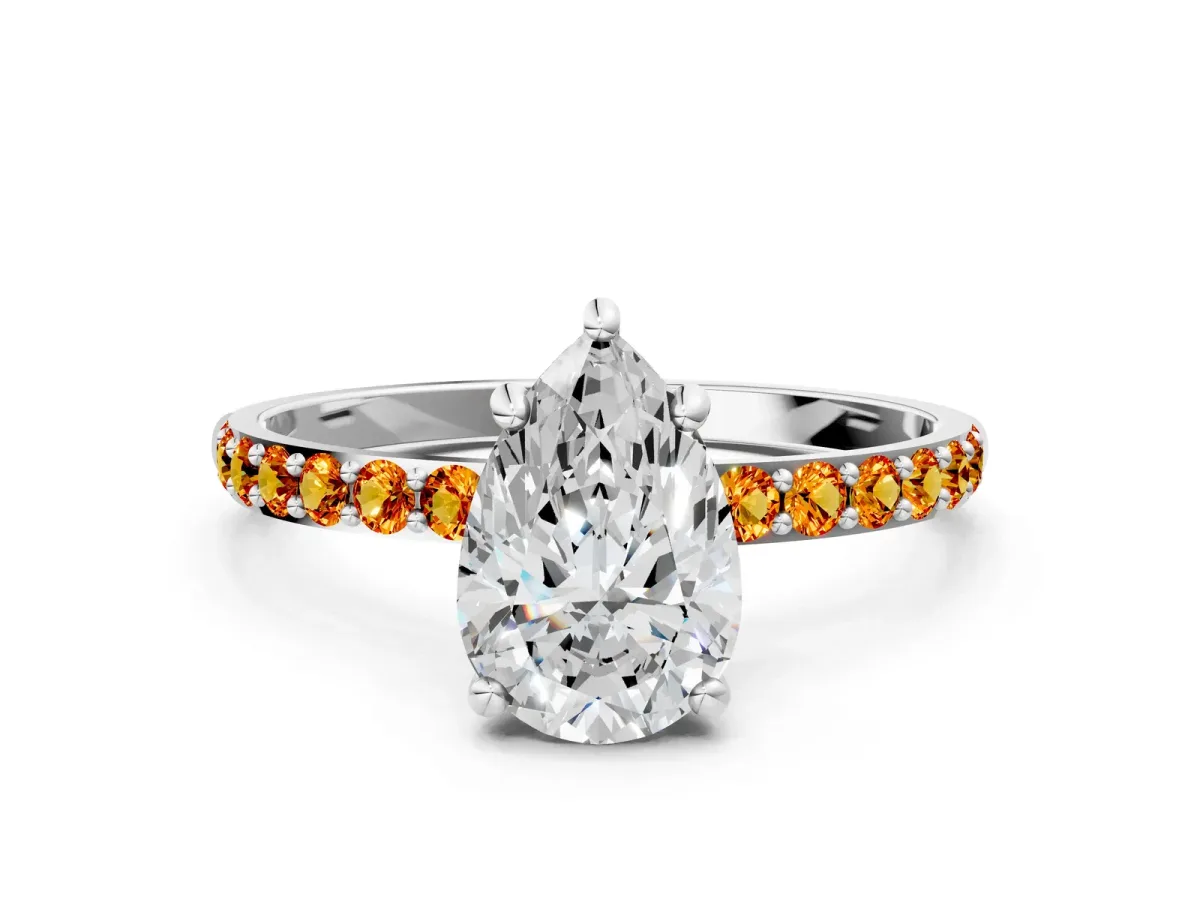 Pear Cut Diamond Solitaire Ring with Round Citrine Pavé Band and Prong Setting Silver