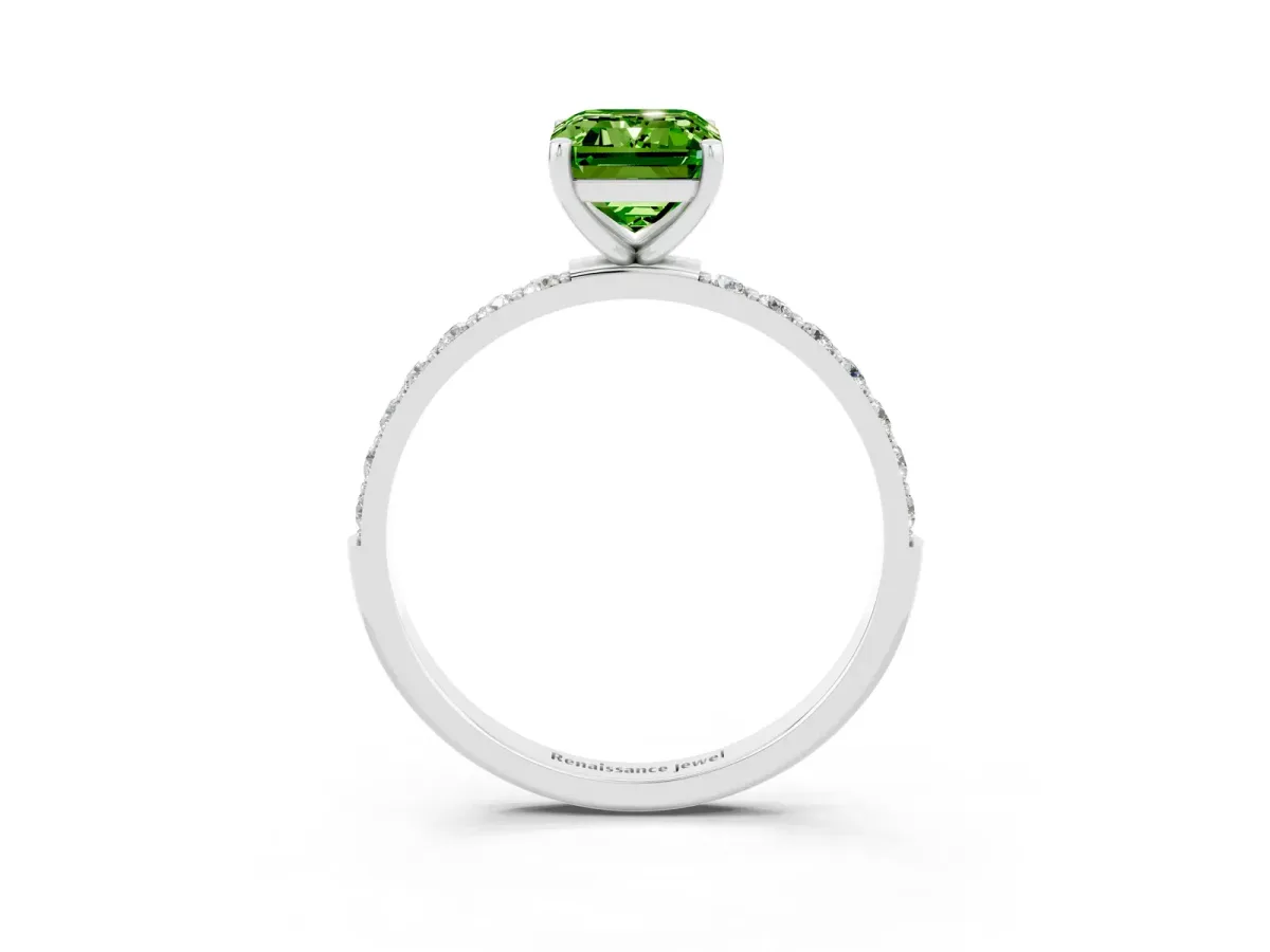 Emerald Cut Peridot Solitaire Ring with Round Pavé Band and Prong Setting Platinum