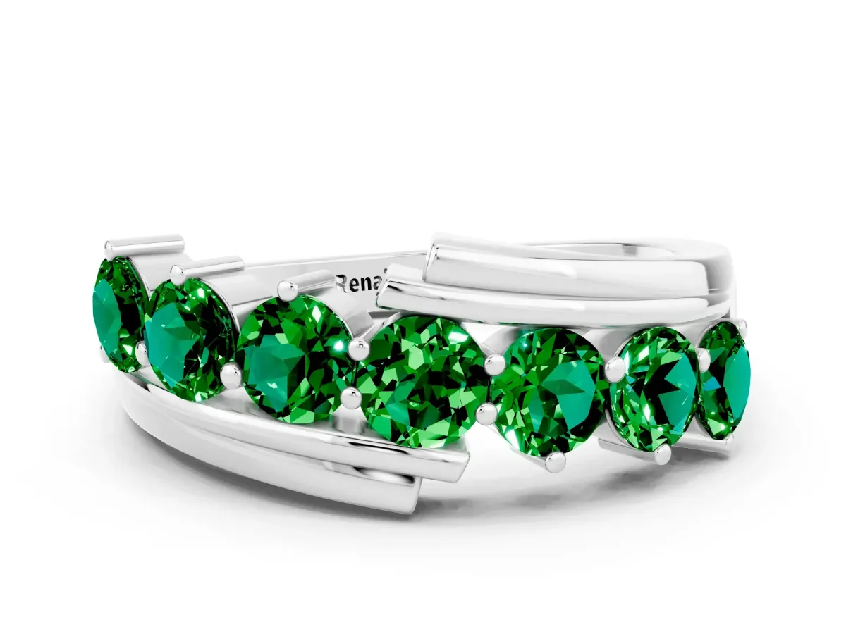 Round Emerald Wave Band with Channel and Shared Prong Setting Platinum