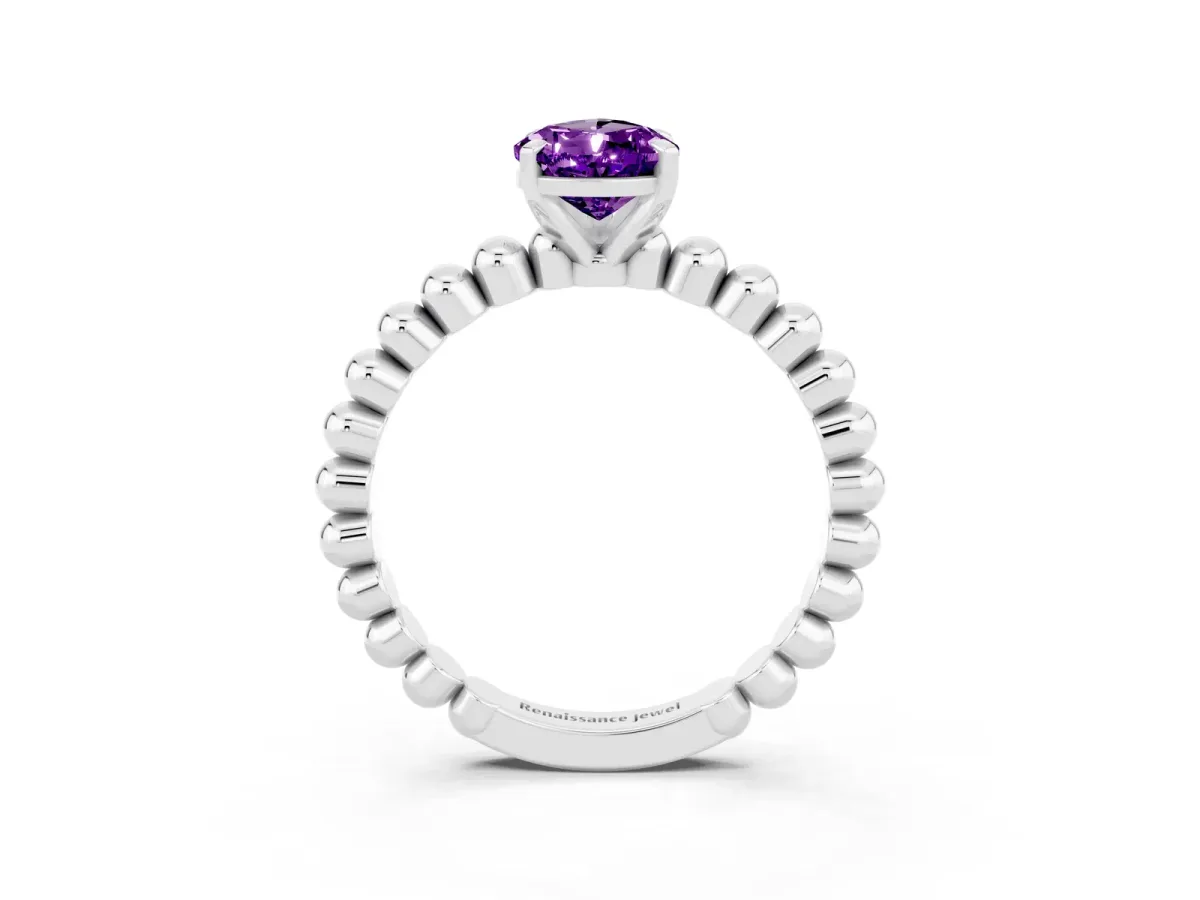Pear Cut Amethyst Solitaire Ring with Beaded Band and Prong Setting White gold