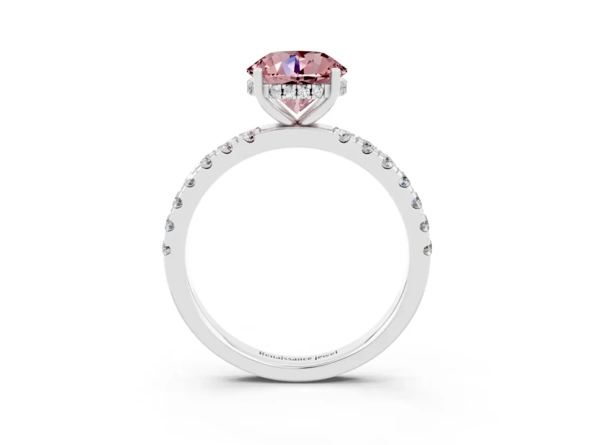 Round Cut Morganite Pave Band Solitaire Ring with Round and Prong Setting Platinum