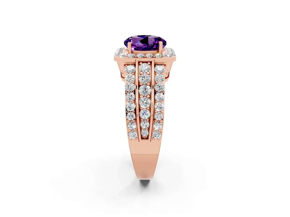 Round Cut Halo Amethyst Ring with Round Split Shank and Prong Setting Rose gold