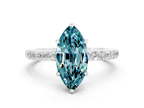 Marquise Cut Blue Topaz Solitaire Engagement Ring with Pavé Band and Four-Prong Setting Platinum