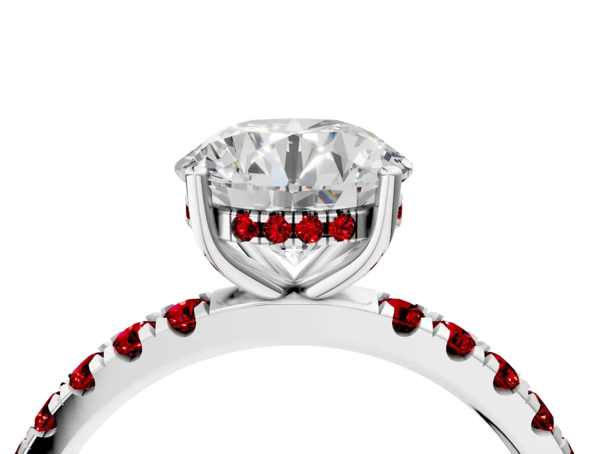 Round Cut Diamond Pave Band Solitaire Ring with Round Ruby and Prong Setting White gold