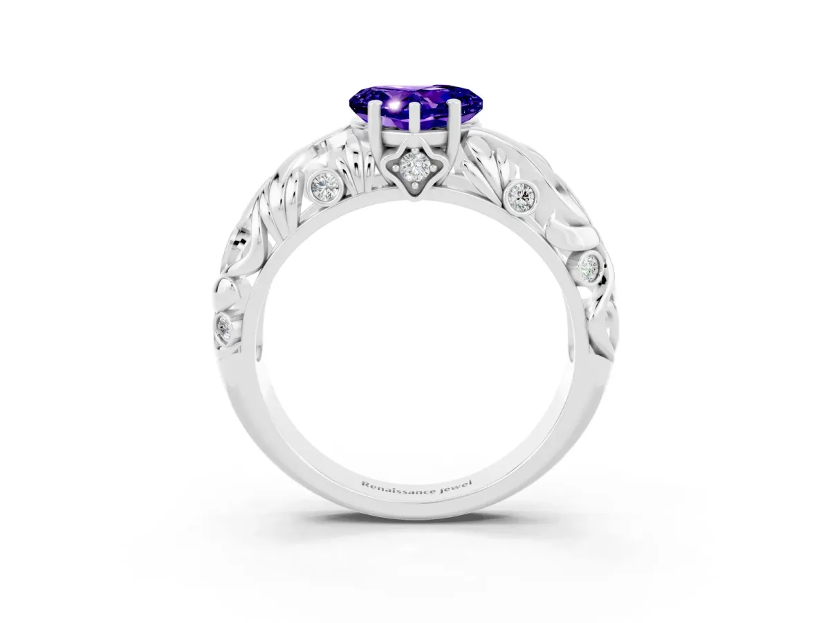 Heart Cut Solitaire Tanzanite Leaf-Inspired Vine Band Ring with Prong Setting Platinum