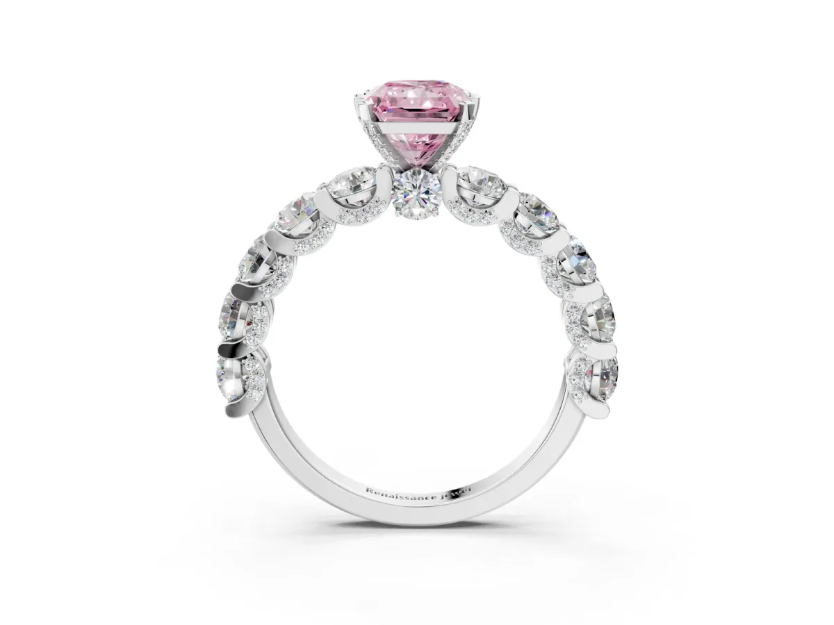 Fancy Pink Radiant Cut Diamond Side Stone Engagement Ring with Four-Prong Setting Silver